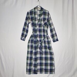 LL Bean Robe Medium Lightweight Blue Green Tartan Plaid Tie Belt Pocket USA Made